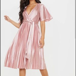 PLT - Mairee Dusty Pink Satin Pleated Midi Dress